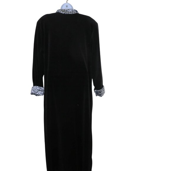 Vintage Neiman Marcus Black Velour Long Robe Leopard Print Collar Cuffs Zip L - Picture 7 of 12